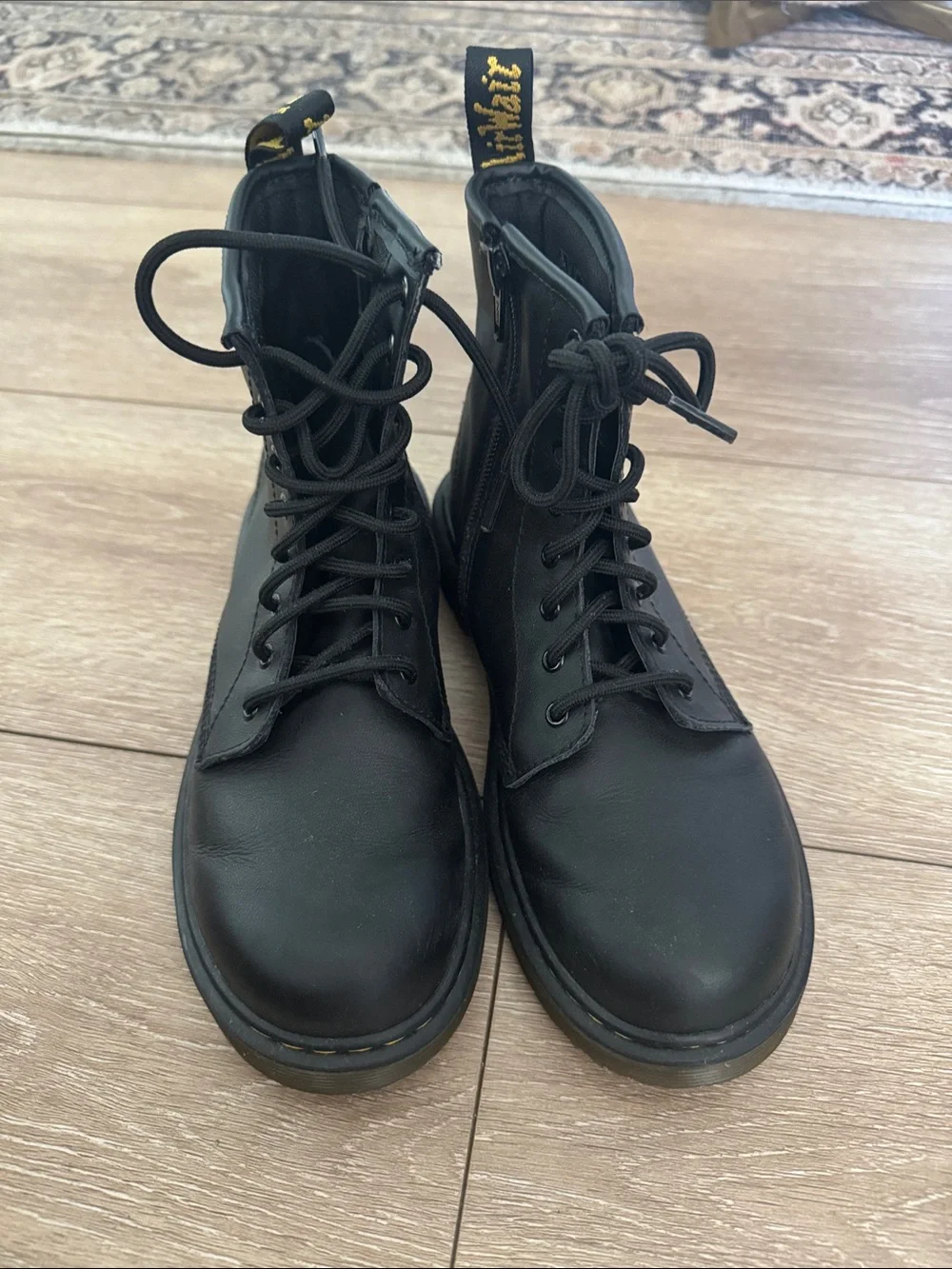 Dr. Martens Black Leather Lace-Up Boots with Yellow Welt Stitch